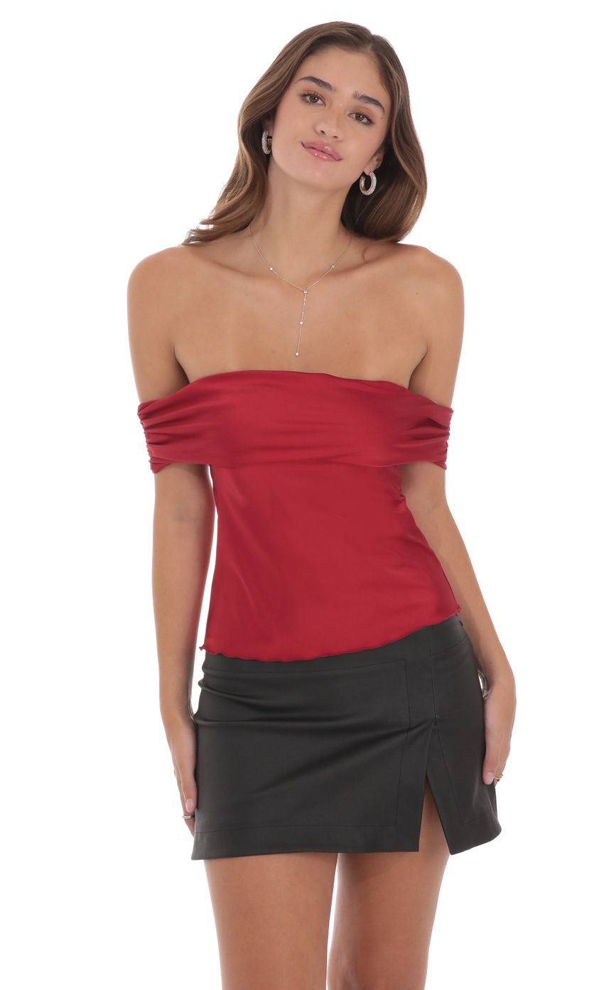 Picture Off Shoulder Satin Top in Red. Source: https://media-img.lucyinthesky.com/data/Jul24/850xAUTO/6d0ff3f2-acf1-436f-a05e-01aee1bcaa91.jpg