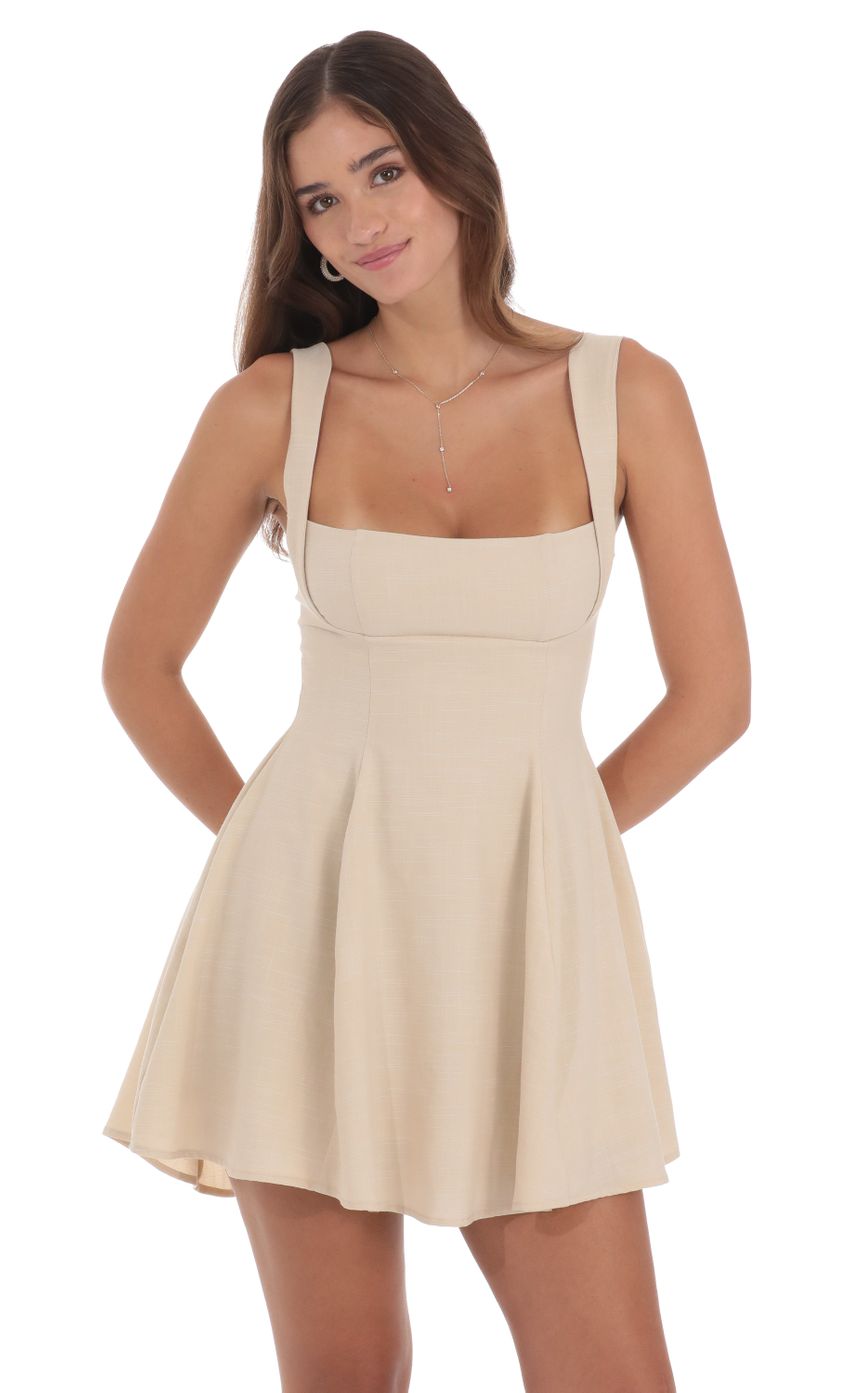 Picture Linen Fit and Flare Dress in Tan Nude. Source: https://media-img.lucyinthesky.com/data/Jul24/850xAUTO/76daf516-24d4-40d9-9b8a-80460c847c2b.jpg