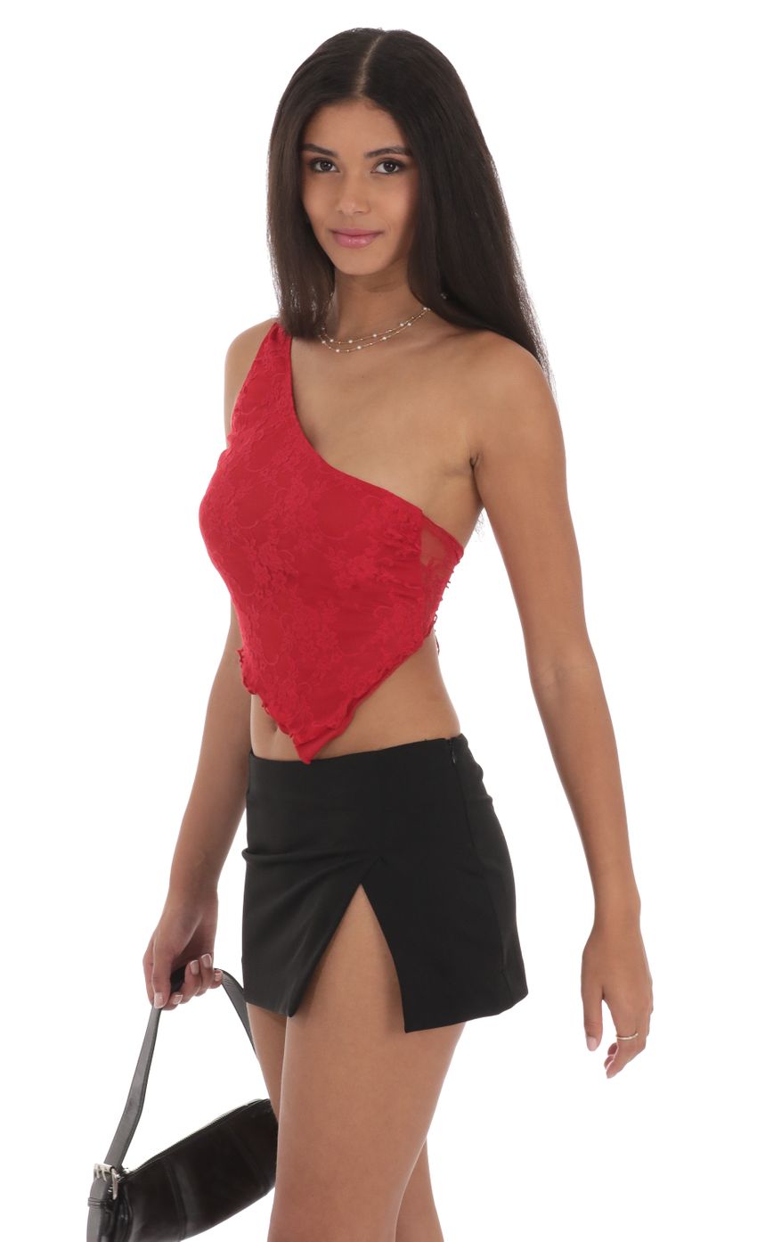 Picture One Shoulder Lace Top in Red. Source: https://media-img.lucyinthesky.com/data/Jul24/850xAUTO/7db601c7-10f1-4d6a-97b5-3515cf4207f5.jpg