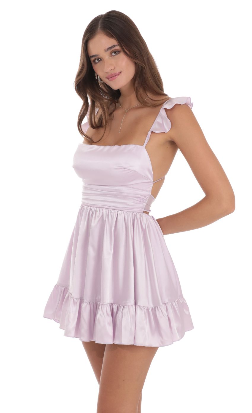 Picture Satin Fit and Flare Dress in Lilac. Source: https://media-img.lucyinthesky.com/data/Jul24/850xAUTO/7fce63e8-097f-4d4a-95a4-345836fa2ba0.jpg