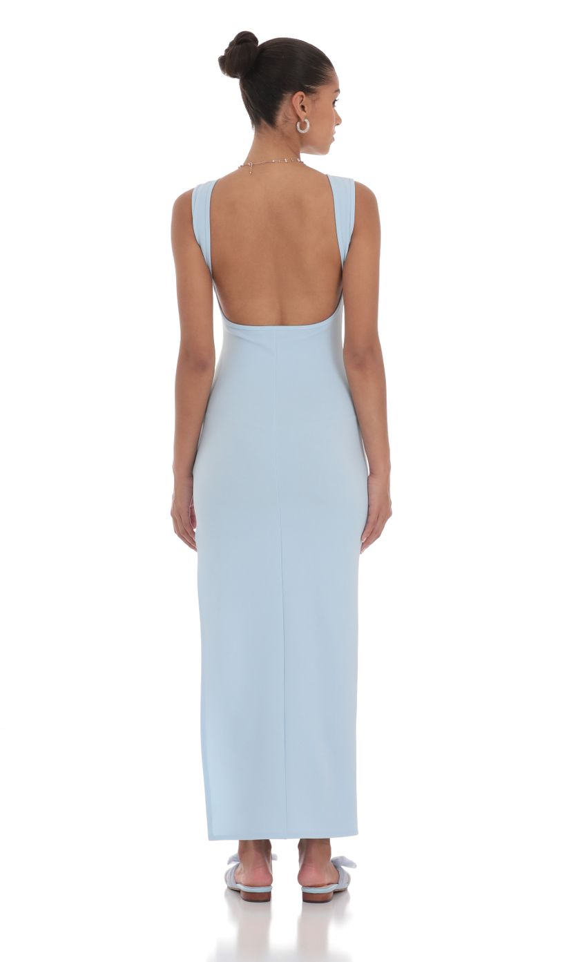 Picture Open Back Bodycon Maxi Dress in Light Blue. Source: https://media-img.lucyinthesky.com/data/Jul24/850xAUTO/914c2716-6aab-4793-9191-ea4aabb6a846.jpg