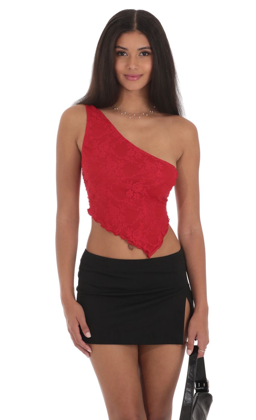 Picture One Shoulder Lace Top in Red. Source: https://media-img.lucyinthesky.com/data/Jul24/850xAUTO/9abaa168-a5d8-4b0a-bfa0-dba99b7ab15a.jpg