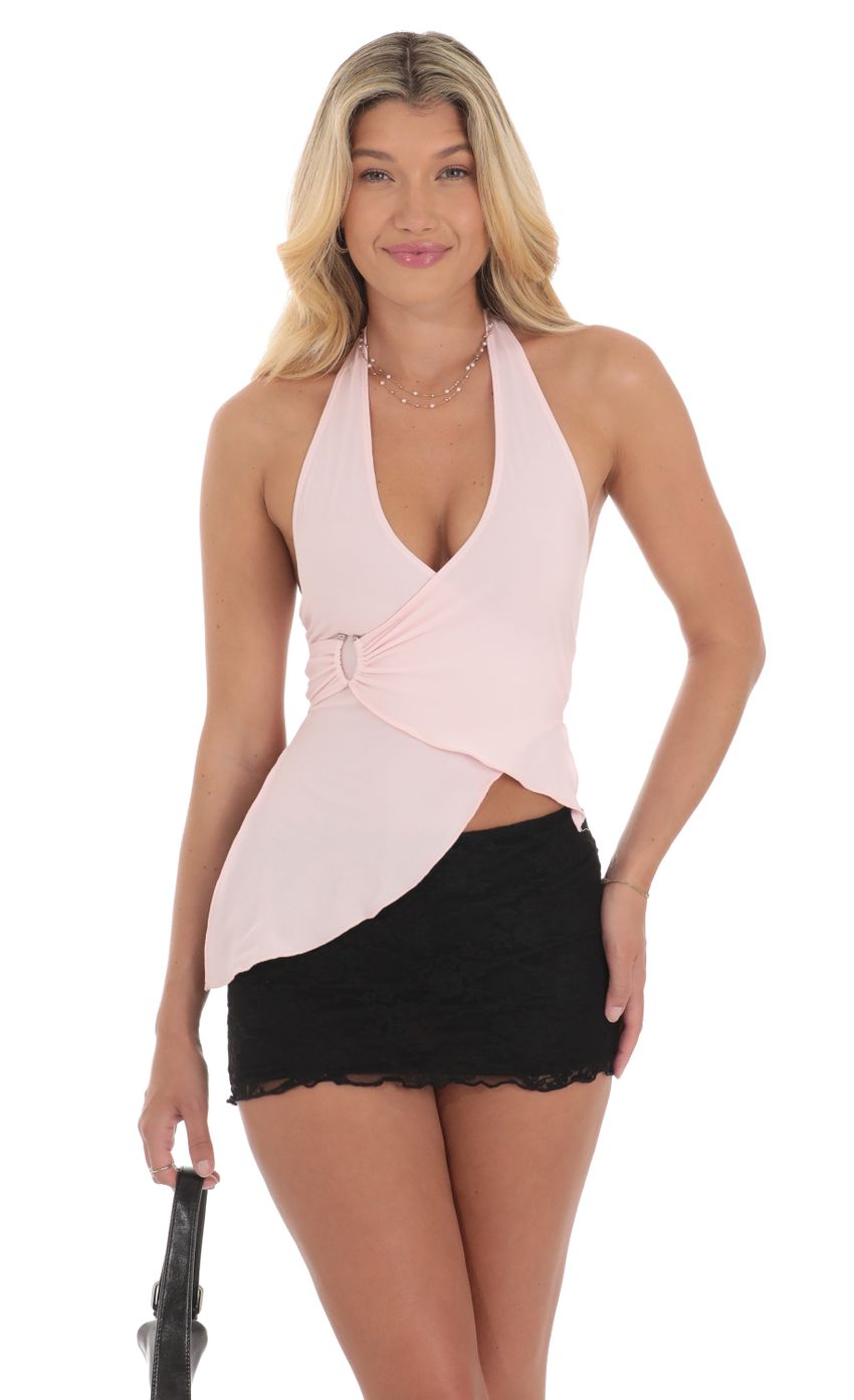 Picture Mesh Faux Wrap Halter Top in Pink. Source: https://media-img.lucyinthesky.com/data/Jul24/850xAUTO/9c1a4eab-b17d-45e5-a177-9c82f455bcae.jpg