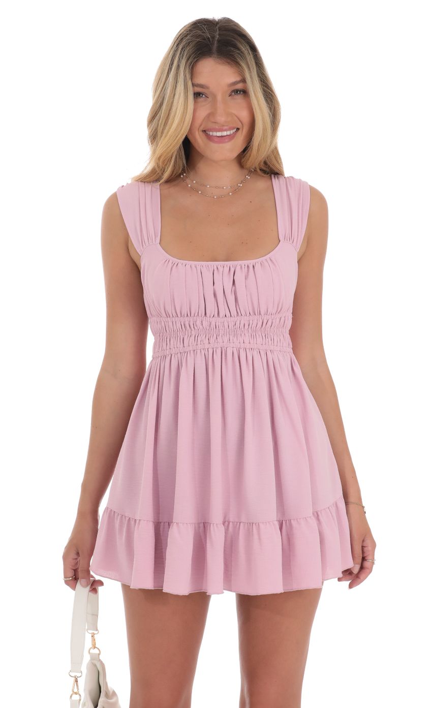 Picture Cap Sleeve Ruched Dress in Lilac. Source: https://media-img.lucyinthesky.com/data/Jul24/850xAUTO/9d52309f-ff96-4915-936c-a038c7cc7902.jpg