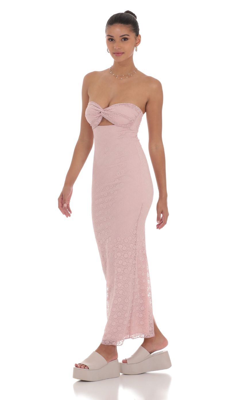 Picture Strapless Lace Floral Twist Maxi Dress in Dusty Pink. Source: https://media-img.lucyinthesky.com/data/Jul24/850xAUTO/a14cf69a-8510-4b99-8bfe-4cd247bbd3ee.jpg