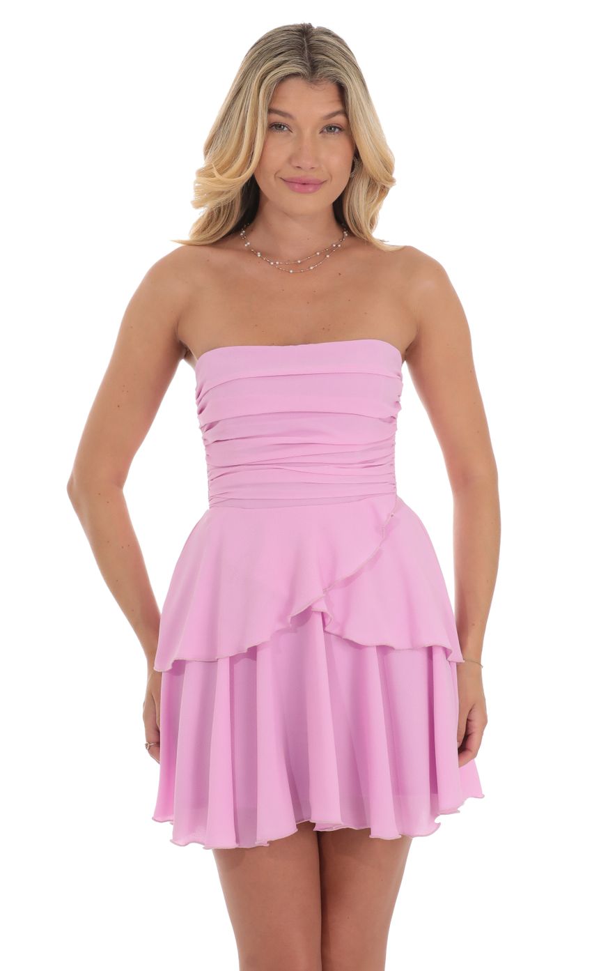 Picture Corset Strapless Ruffle Dress in Lilac. Source: https://media-img.lucyinthesky.com/data/Jul24/850xAUTO/a90be82d-b6b5-4b82-a5d1-8d649857db9d.jpg