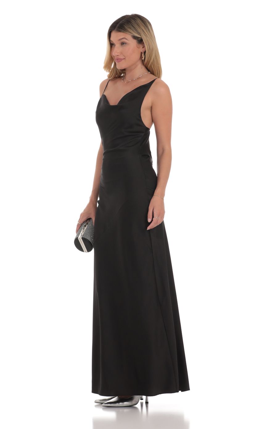 Picture Satin Asymmetrical Cowl Neck Maxi Dress in Black. Source: https://media-img.lucyinthesky.com/data/Jul24/850xAUTO/b2be3488-fabd-4062-a757-e7981b5aa56e.jpg