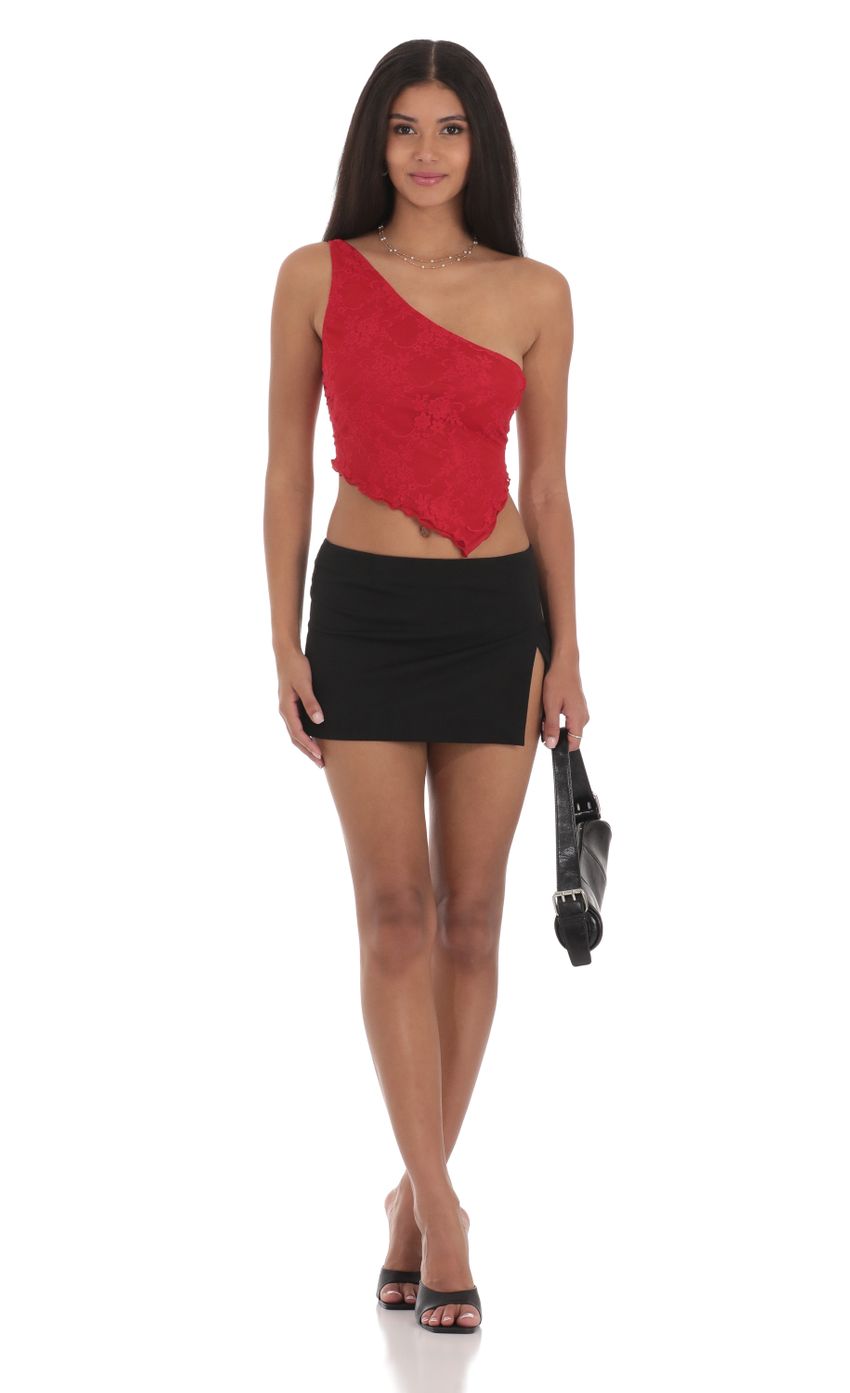 Picture One Shoulder Lace Top in Red. Source: https://media-img.lucyinthesky.com/data/Jul24/850xAUTO/b46ce9d3-8d6f-4ad5-9fcc-a73eb26e9b81.jpg