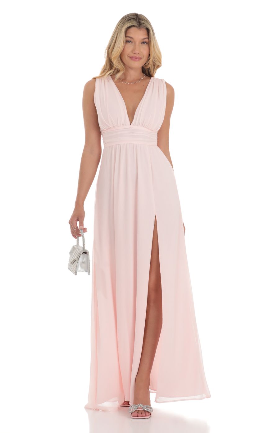 Picture Chiffon Plunge Maxi Dress in Pink. Source: https://media-img.lucyinthesky.com/data/Jul24/850xAUTO/b736963b-c490-4cc7-ba07-7e9c37e09f54.jpg