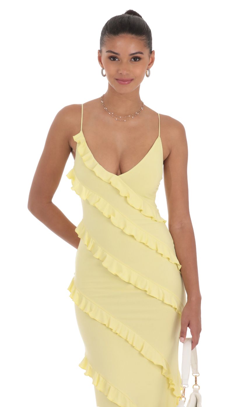 Picture Ruffle V-Neck Maxi Dress in Yellow. Source: https://media-img.lucyinthesky.com/data/Jul24/850xAUTO/d7e1050b-754e-47d8-942e-606fd85d393c.jpg