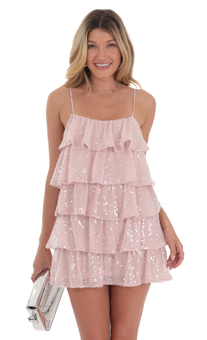 Picture Sequin Ruffle Shift Dress in Dusty Pink. Source: https://media-img.lucyinthesky.com/data/Jul24/850xAUTO/ddef1d94-d44b-419d-8aac-4884d1c93da4.jpg