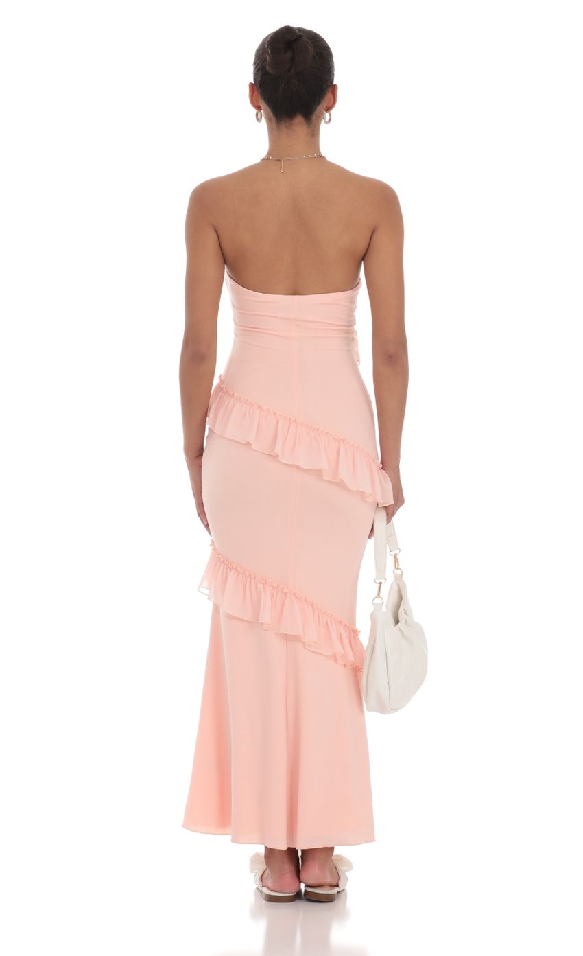 Picture Strapless Spiral Ruffle Maxi Dress in Peach. Source: https://media-img.lucyinthesky.com/data/Jul24/850xAUTO/df5695e2-14d5-41e7-bdfb-9a99707dba77.jpg