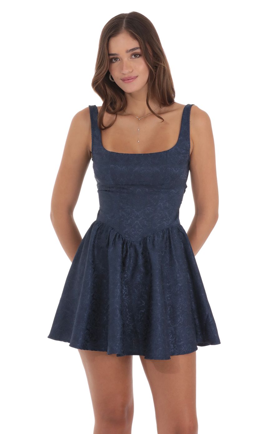 Picture Jacquard Open Back Bow Dress in Navy. Source: https://media-img.lucyinthesky.com/data/Jul24/850xAUTO/f24ceeef-43ce-41ad-979b-928f6b7170ea.jpg