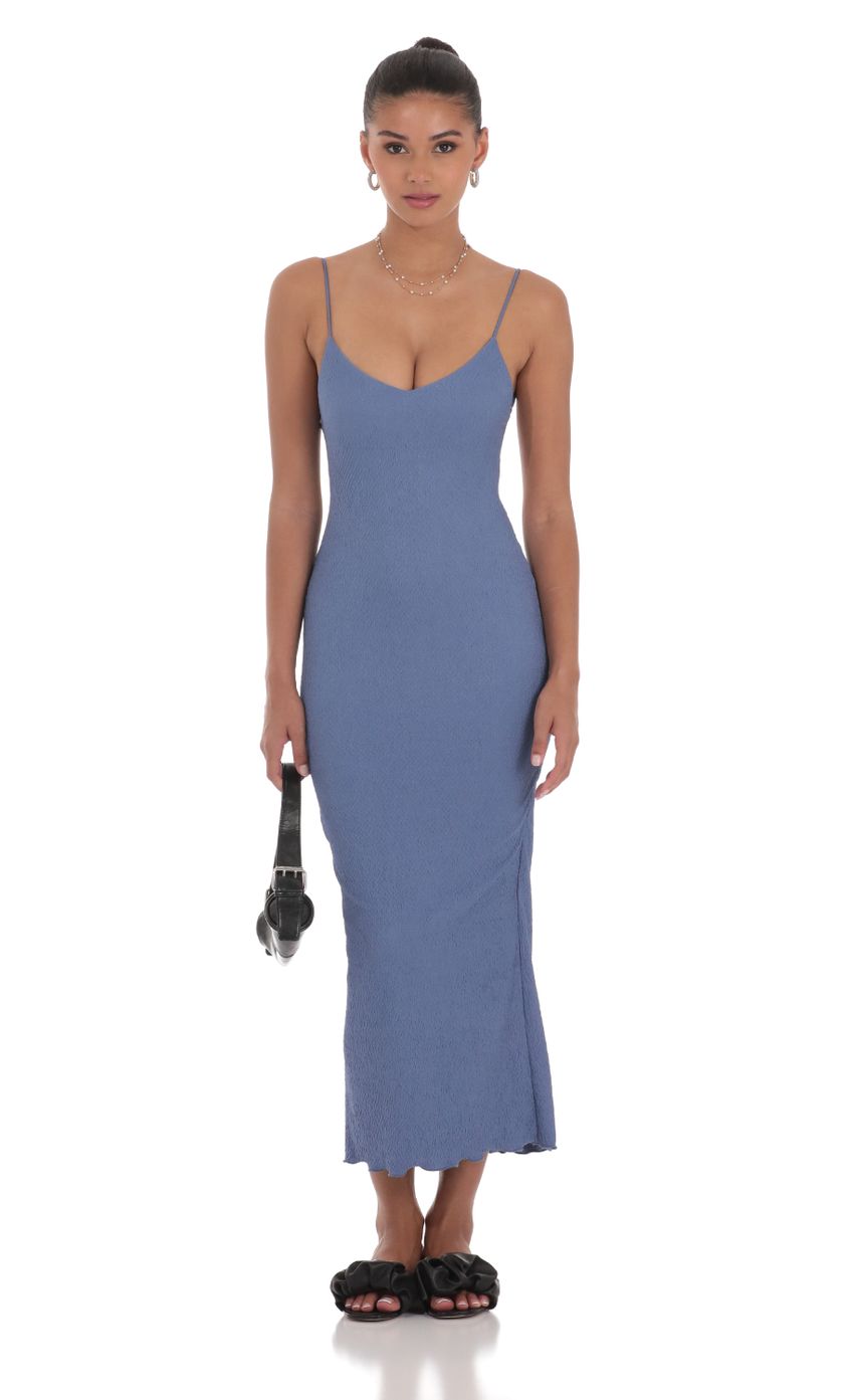 Picture Crinkle V-Neck Bodycon Maxi Dress in Slate Blue. Source: https://media-img.lucyinthesky.com/data/Jul24/850xAUTO/f8d52dd0-9d57-4776-bcbb-ed3206a9632e.jpg