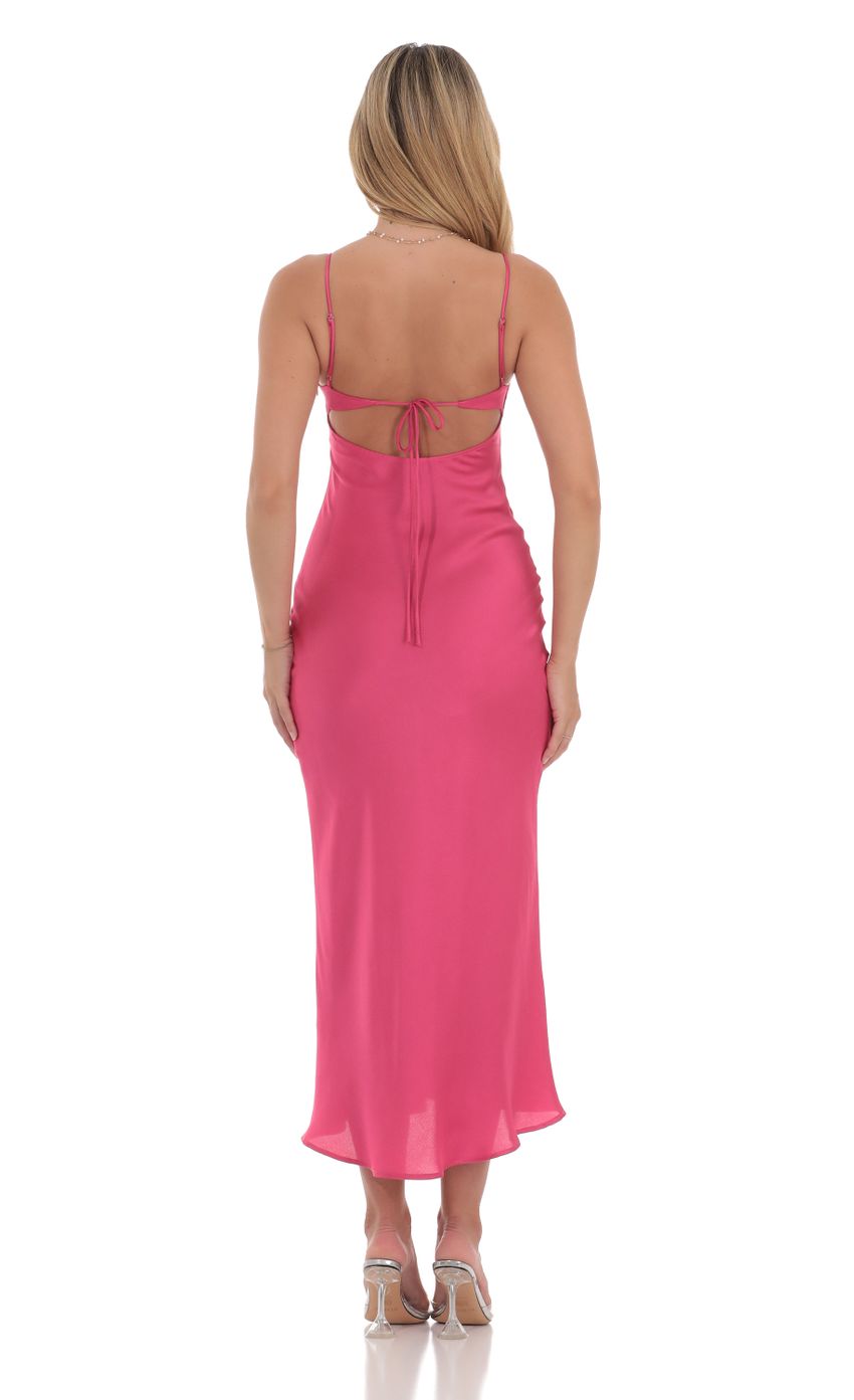 Picture Satin Open Back Midi Dress in Hot Pink. Source: https://media-img.lucyinthesky.com/data/Jul24/850xAUTO/fefab73a-2bc2-4247-bf59-50d18f1264b1.jpg