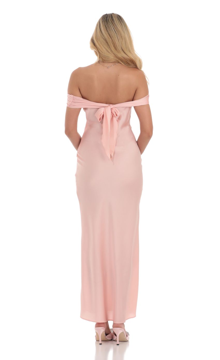 Picture Off Shoulder Satin Maxi Dress in Pink. Source: https://media-img.lucyinthesky.com/data/Jul24/850xAUTO/ff68b914-9ede-467f-9559-b388ba897135.jpg