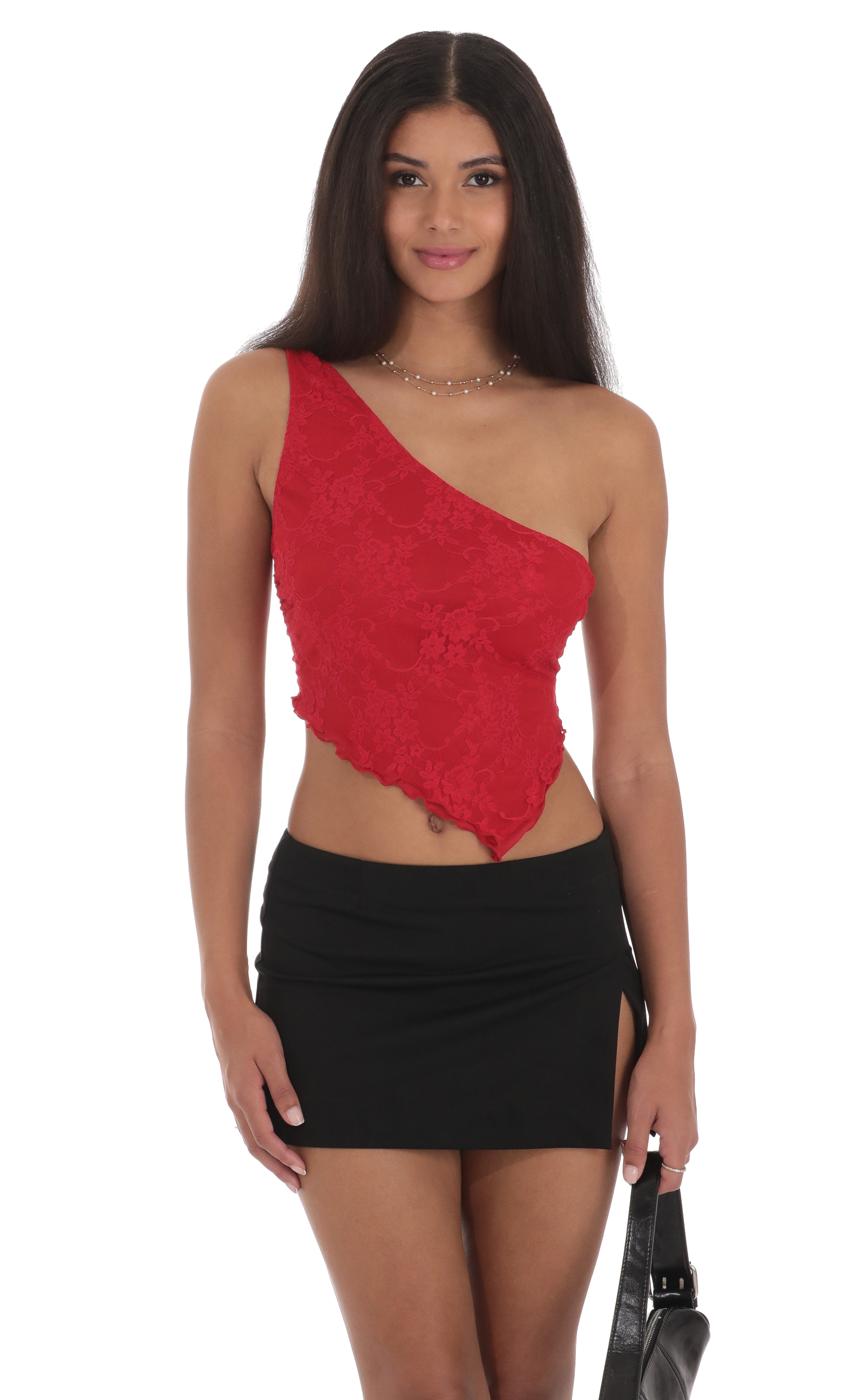 One Shoulder Lace Top in Red