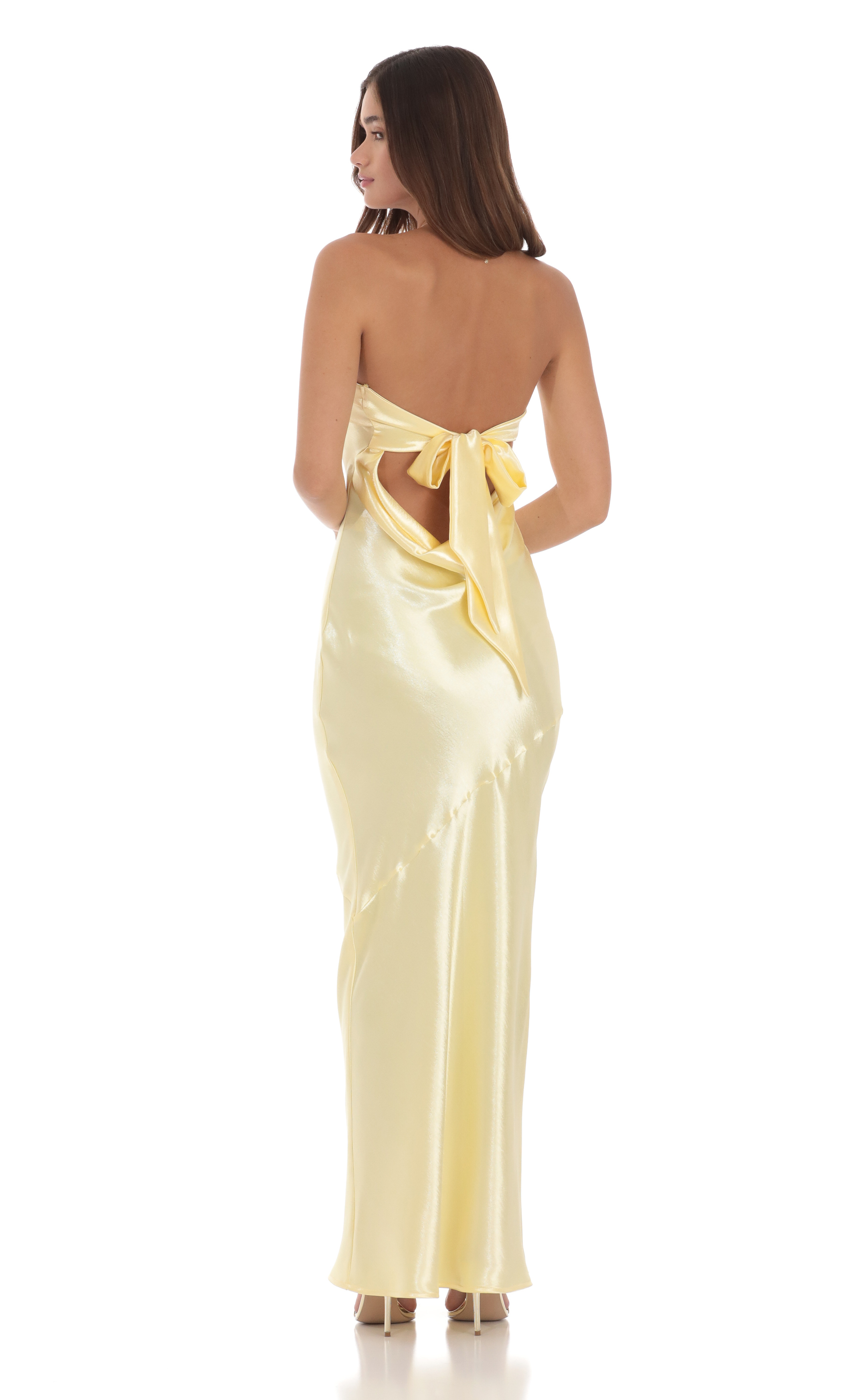 Strapless Satin Open Back Maxi Dress in Yellow