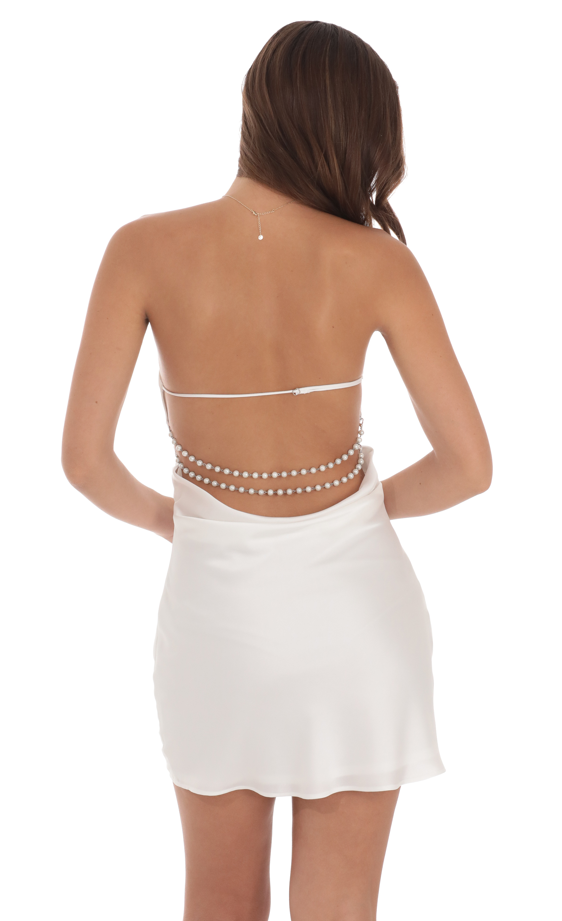 Satin Pearl Open Back Dress in White