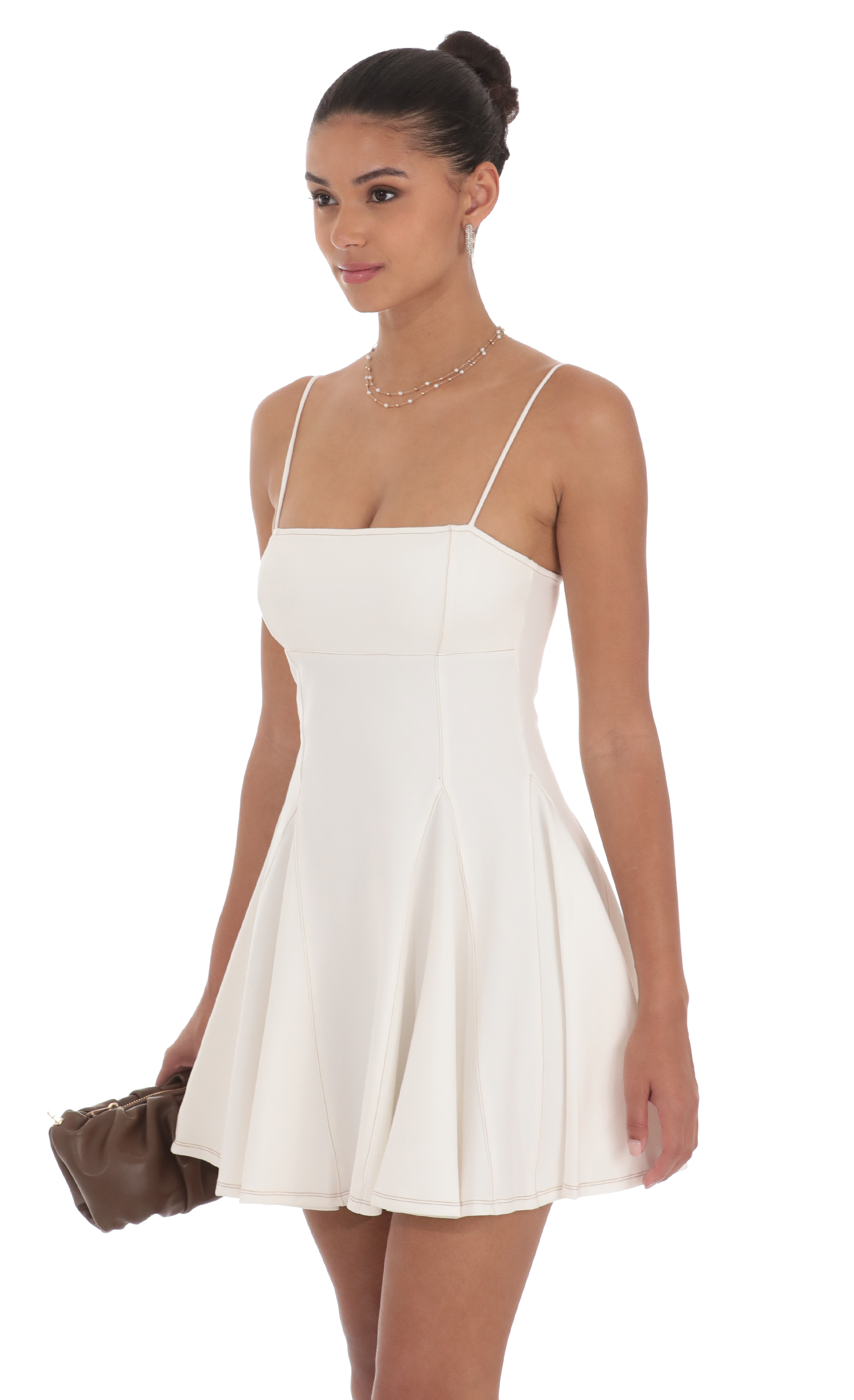 Brown Stitch Fit and Flare Dress in Off White