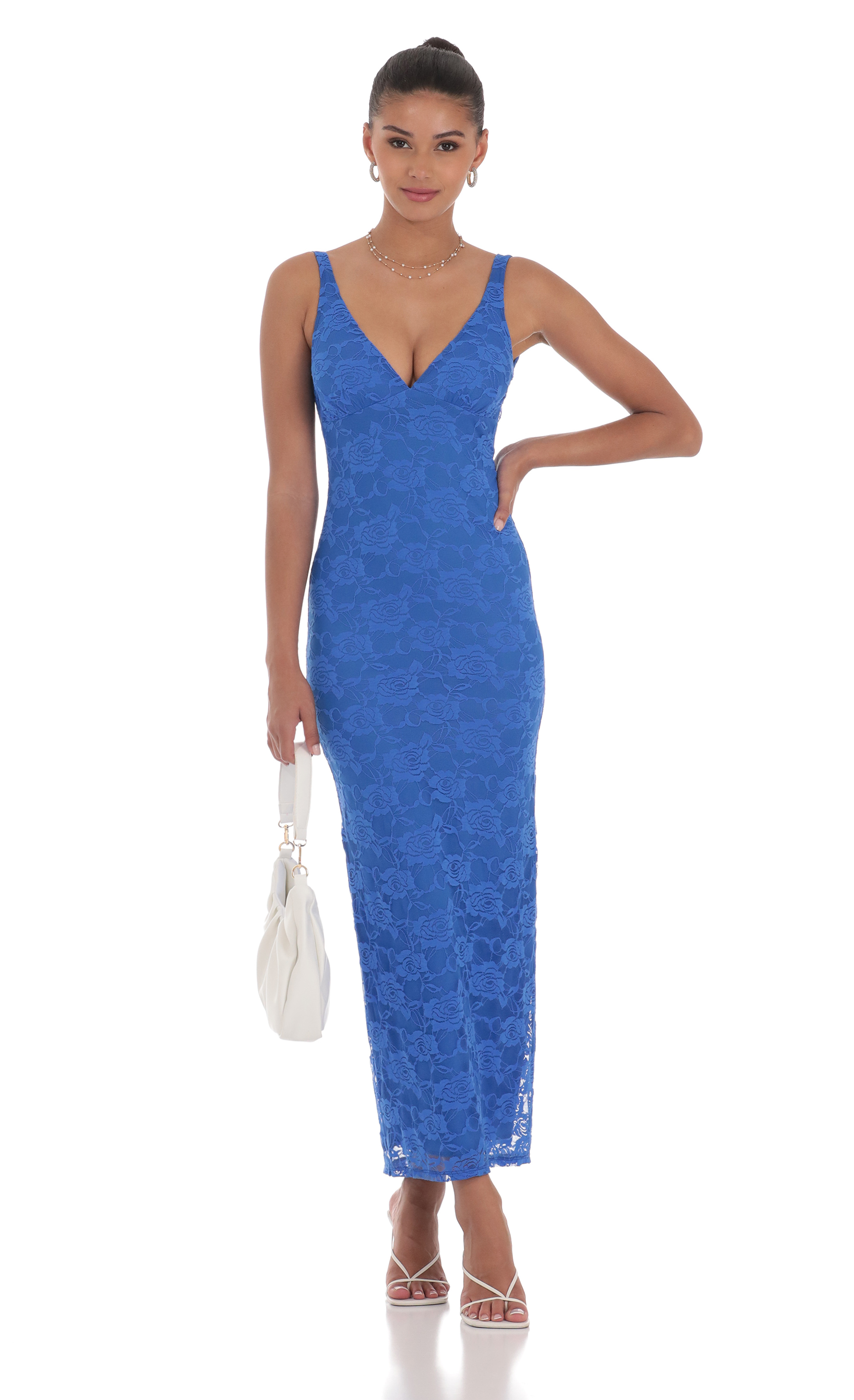 Lace Open Back Bodycon Maxi Dress in Blue