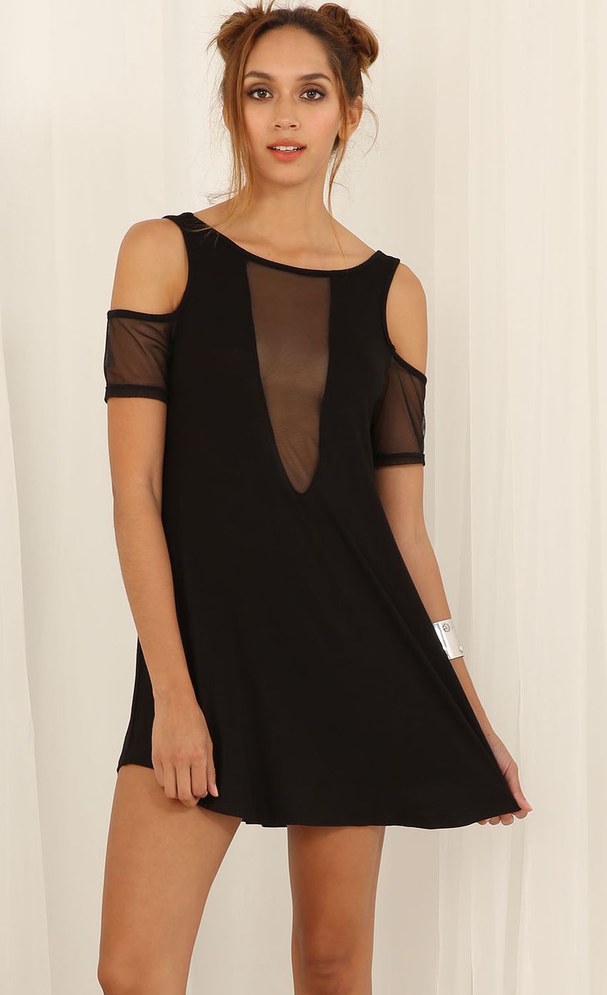 Picture Shoulderless Mesh Cutout Dress In Black. Source: https://media-img.lucyinthesky.com/data/Jun15_1/850xAUTO/0Y5A4494.JPG