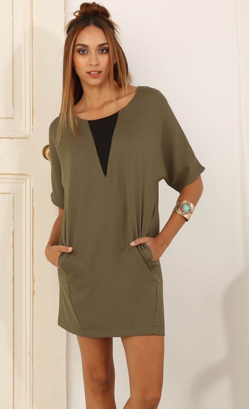 Picture Faux Plunge Shift Dress In Olive. Source: https://media-img.lucyinthesky.com/data/Jun15_2/850xAUTO/0Y5A7400.JPG