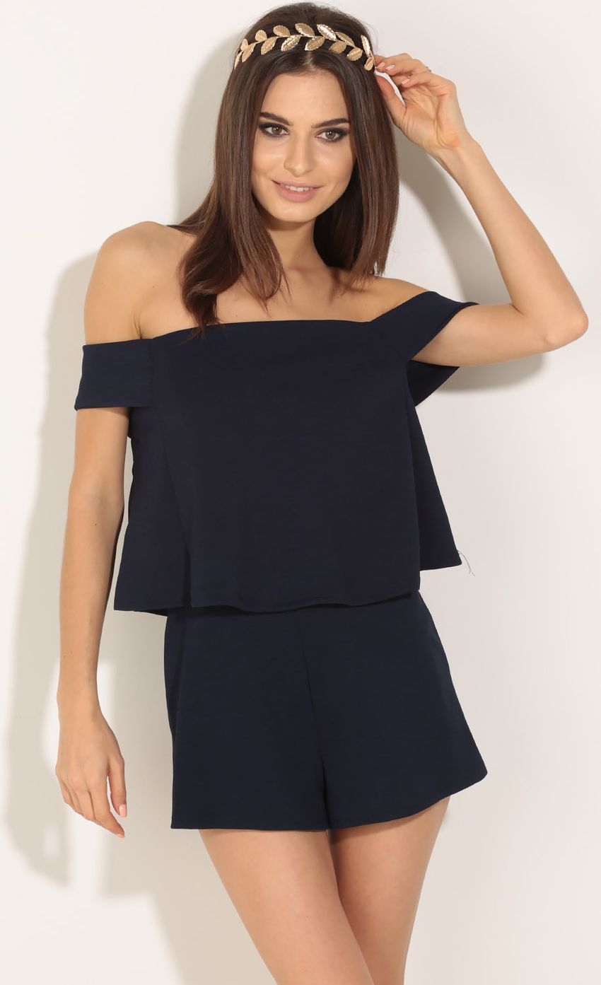 Picture Layered Off The Shoulder Romper In Navy. Source: https://media-img.lucyinthesky.com/data/Jun16_1/850xAUTO/0Y5A2294.JPG
