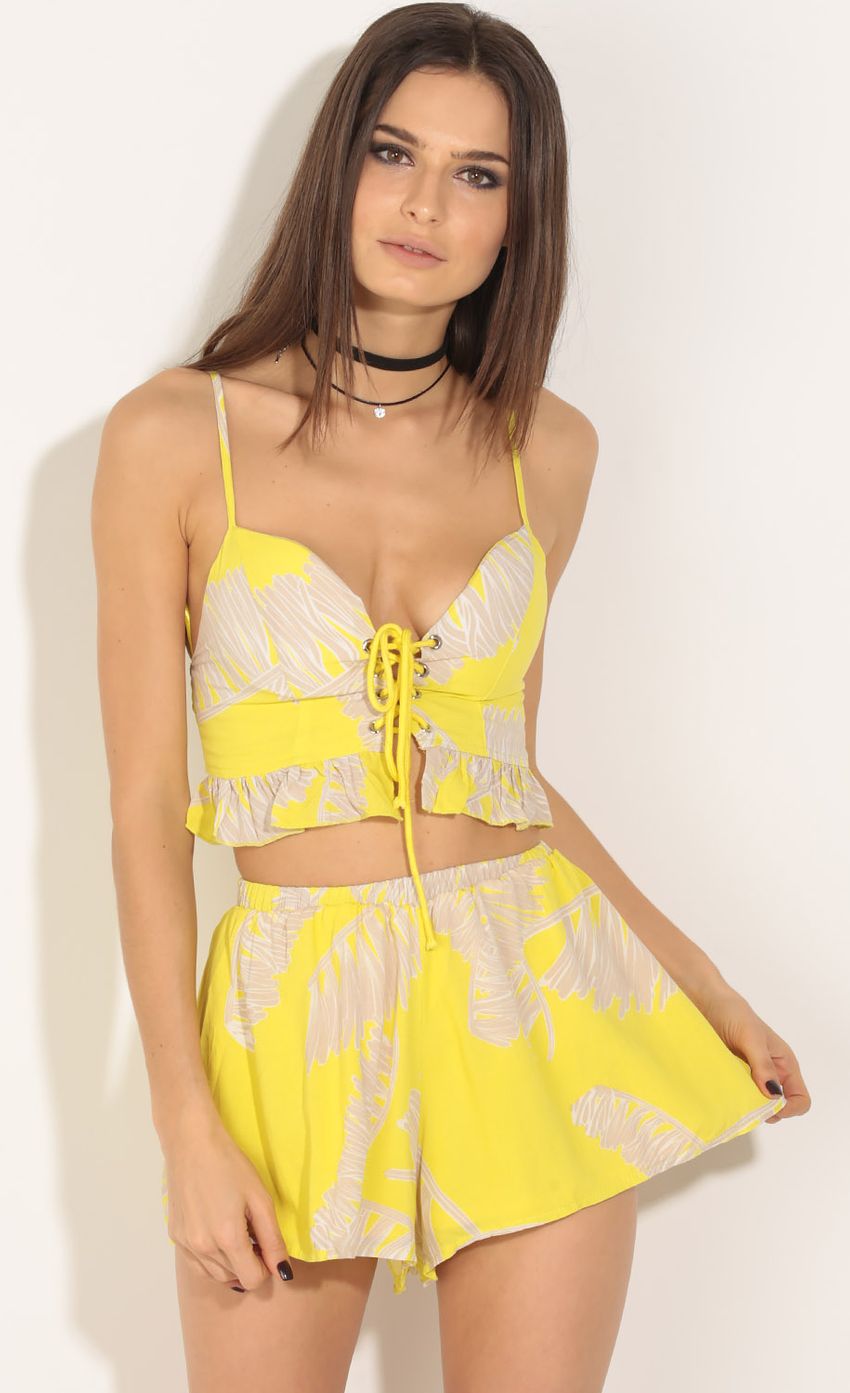 Picture Floral Lace-Up Two Piece Set In Canary Yellow. Source: https://media-img.lucyinthesky.com/data/Jun16_1/850xAUTO/0Y5A6416.JPG