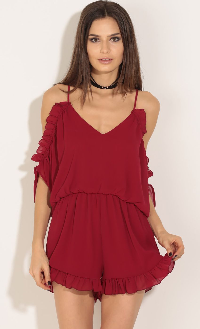 Picture Open Shoulder Romper In Wine. Source: https://media-img.lucyinthesky.com/data/Jun16_1/850xAUTO/0Y5A7543.JPG