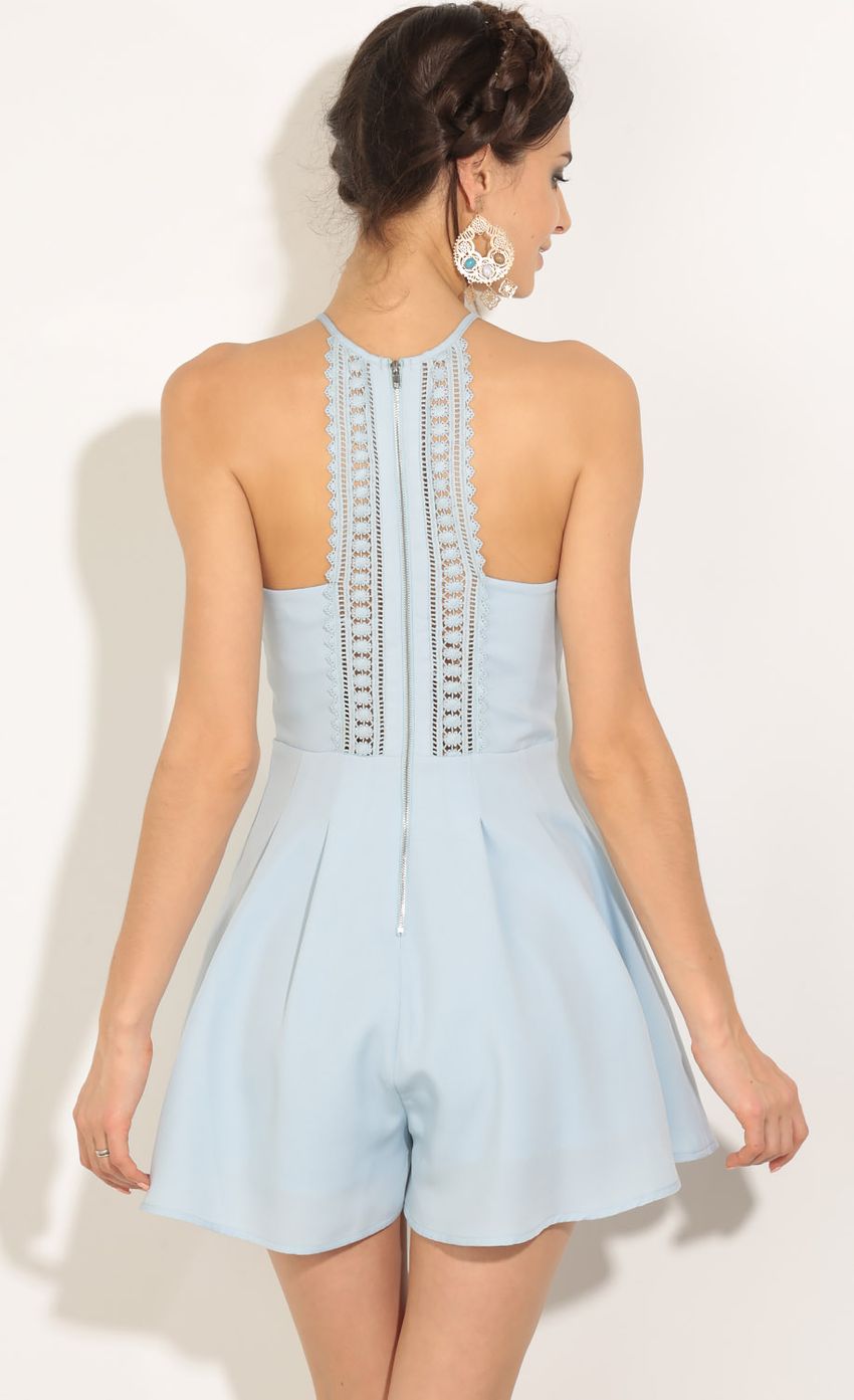 Picture Pleated Crochet Detail Romper In Baby Blue. Source: https://media-img.lucyinthesky.com/data/Jun16_1/850xAUTO/0Y5A9951.JPG