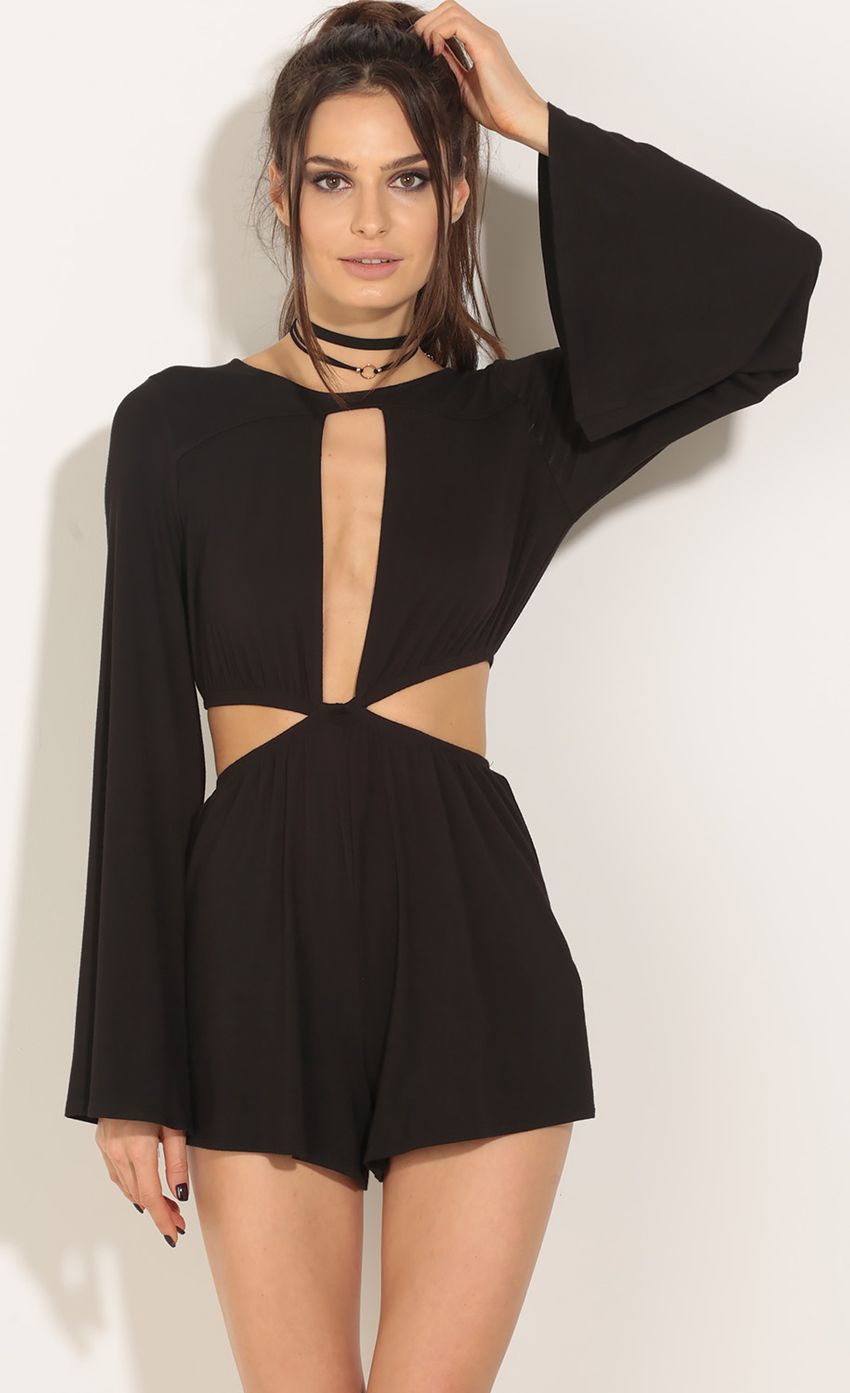 Picture Bell Sleeve Plunge Romper In Black. Source: https://media-img.lucyinthesky.com/data/Jun16_2/850xAUTO/0Y5A0010.JPG