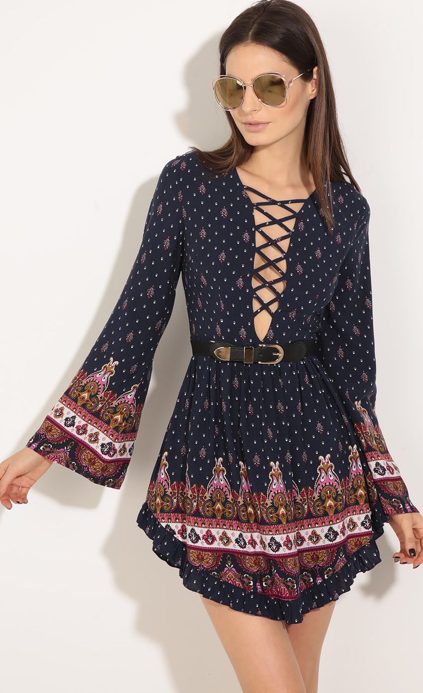 Picture Lace-Up Bohemian Dress In Navy And Pink. Source: https://media-img.lucyinthesky.com/data/Jun16_2/850xAUTO/0Y5A0799.JPG