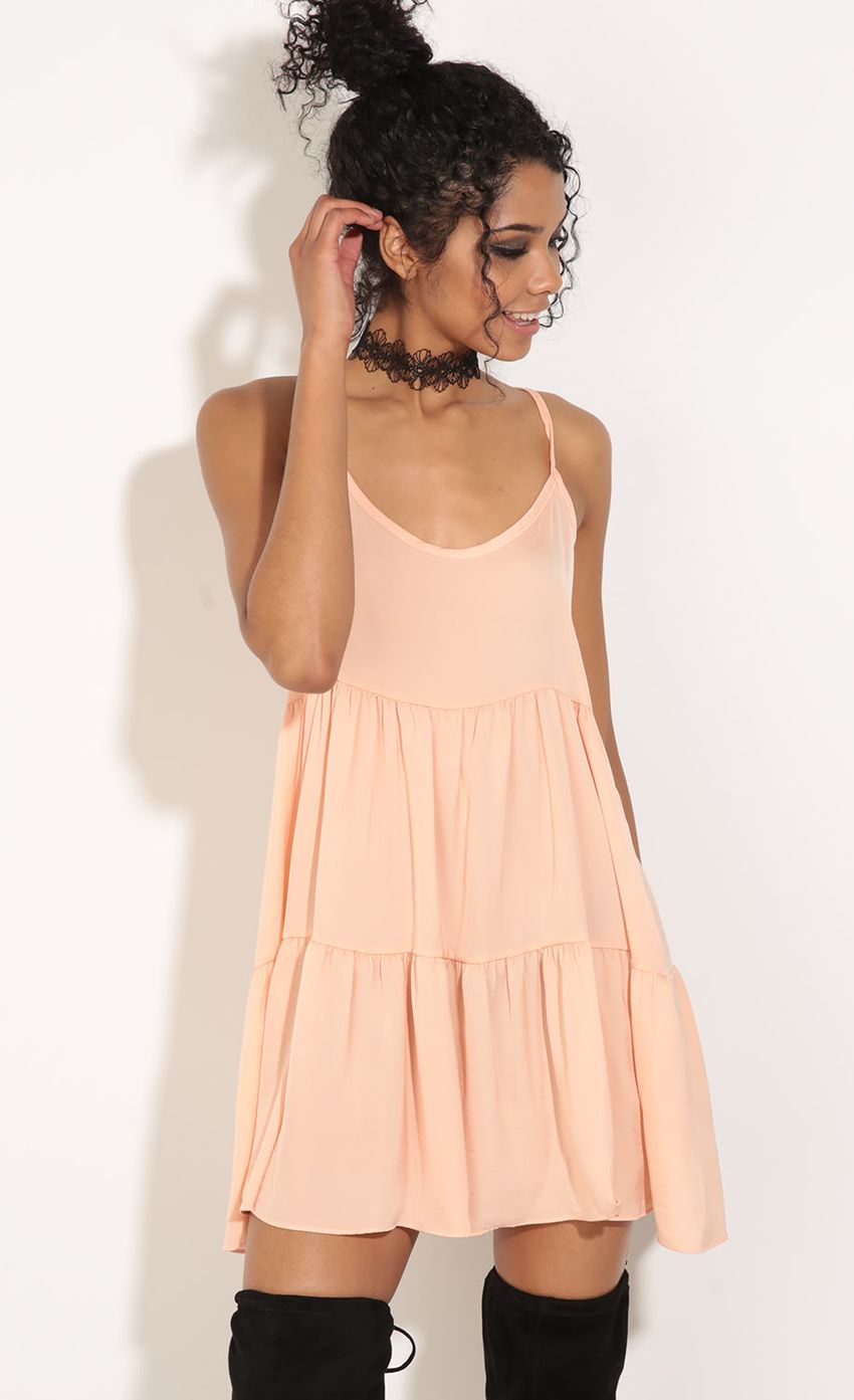 Picture Tiered Satin Dress In Peach. Source: https://media-img.lucyinthesky.com/data/Jun16_2/850xAUTO/0Y5A1011.JPG
