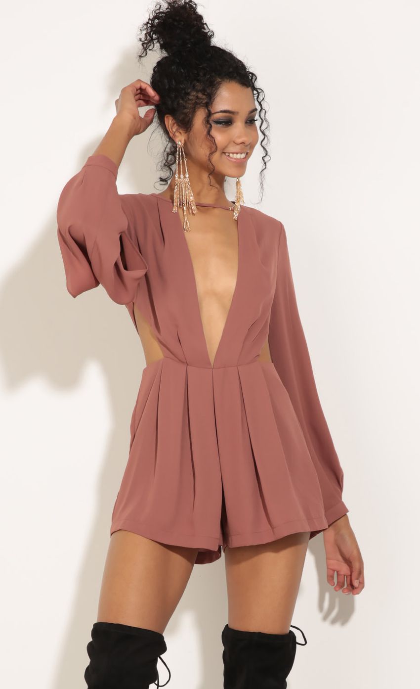 Picture Pleated Plunge Romper In Rust. Source: https://media-img.lucyinthesky.com/data/Jun16_2/850xAUTO/0Y5A1703.JPG