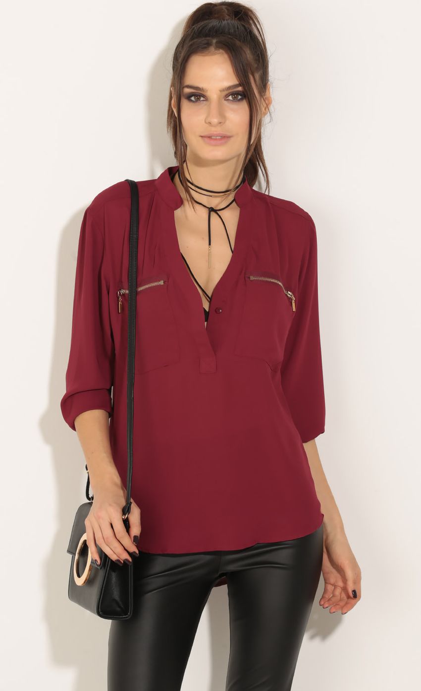 Picture Zipper Pocket Blouse In Burgundy. Source: https://media-img.lucyinthesky.com/data/Jun16_2/850xAUTO/0Y5A4337.JPG