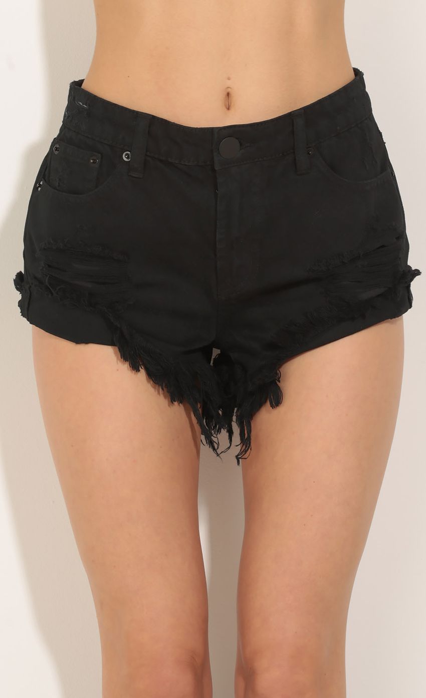 Picture Frayed Denim Shorts In Black. Source: https://media-img.lucyinthesky.com/data/Jun16_2/850xAUTO/0Y5A5236.JPG