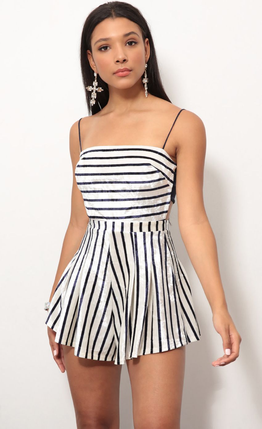 Picture Bella Striped Velvet Romper In Black. Source: https://media-img.lucyinthesky.com/data/Jun18_2/850xAUTO/0Y5A96111.JPG