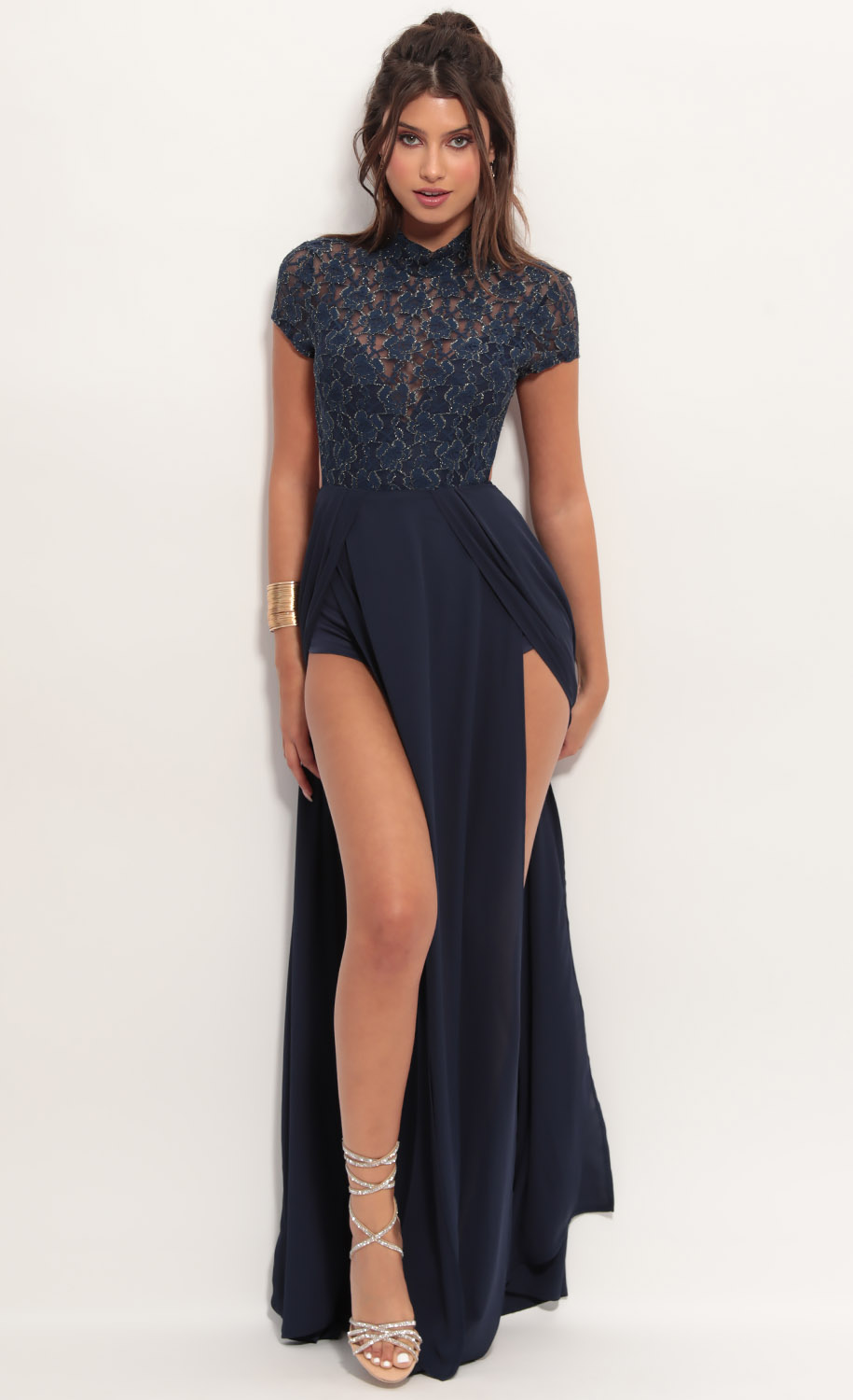 Couture Lace Maxi Dress in Navy Gold