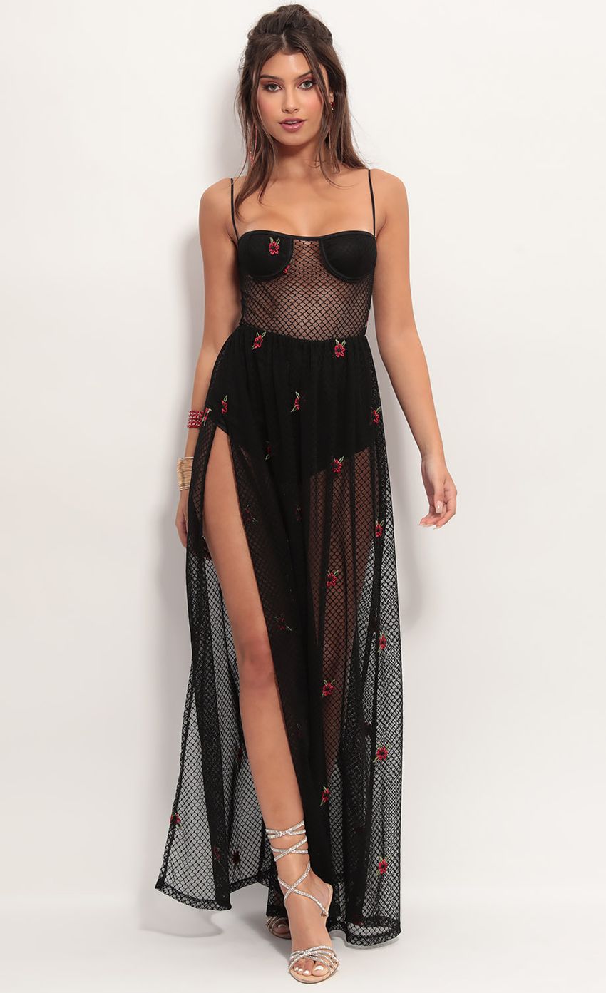 Picture Rhode Island Mesh Maxi Dress in Black Floral. Source: https://media-img.lucyinthesky.com/data/Jun19_1/850xAUTO/781A4113.JPG