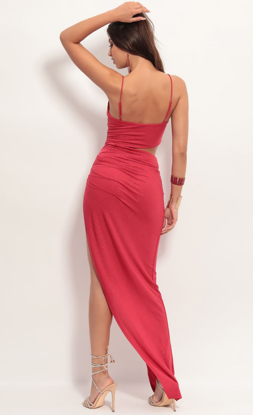 Picture Ella Cutout Maxi Dress in Sparkling Red. Source: https://media-img.lucyinthesky.com/data/Jun19_1/850xAUTO/781A4177.JPG