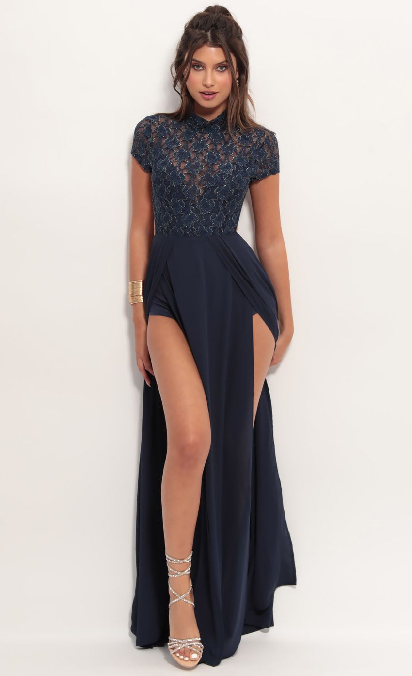 Picture Couture Lace Maxi Dress in Navy Gold. Source: https://media-img.lucyinthesky.com/data/Jun19_1/850xAUTO/781A4266.JPG