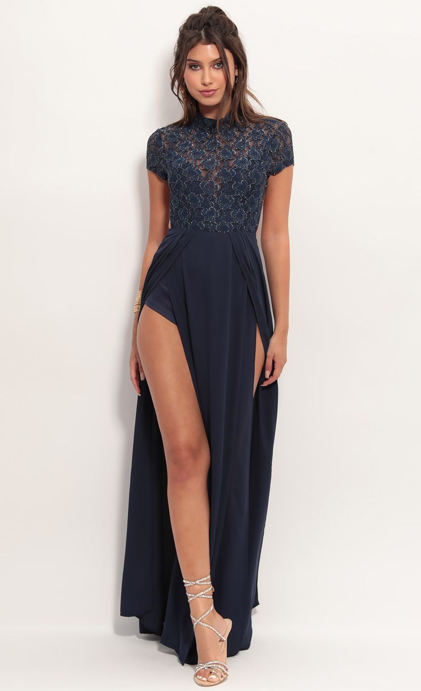 Picture Couture Lace Maxi Dress in Navy Gold. Source: https://media-img.lucyinthesky.com/data/Jun19_1/850xAUTO/781A4267.JPG