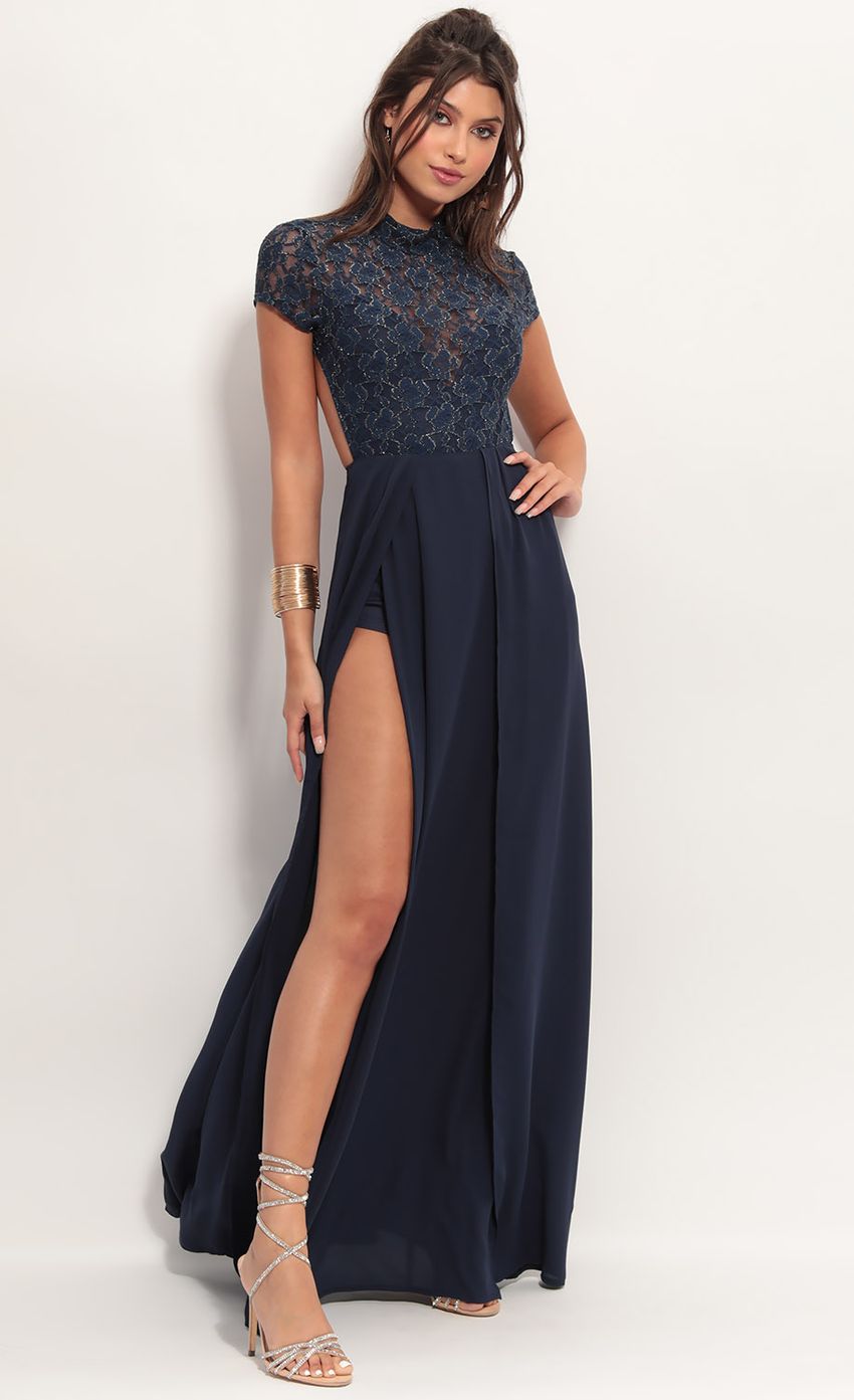 Picture Couture Lace Maxi Dress in Navy Gold. Source: https://media-img.lucyinthesky.com/data/Jun19_1/850xAUTO/781A4283.JPG