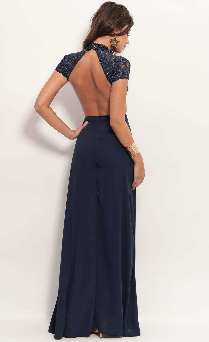 Picture Couture Lace Maxi Dress in Navy Gold. Source: https://media-img.lucyinthesky.com/data/Jun19_1/850xAUTO/781A4293.JPG