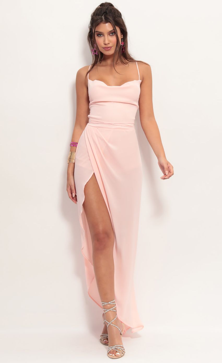 Picture Chiffon Luxe Maxi Dress in Peach. Source: https://media-img.lucyinthesky.com/data/Jun19_1/850xAUTO/781A4364.JPG
