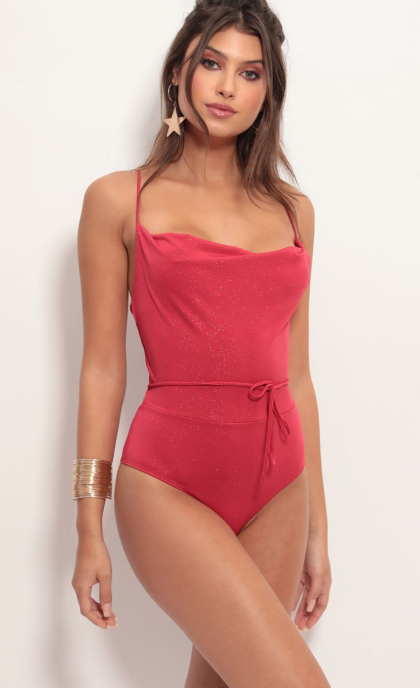 Picture Shimmer Cowl Neck Bodysuit in Red. Source: https://media-img.lucyinthesky.com/data/Jun19_1/850xAUTO/781A4669.JPG