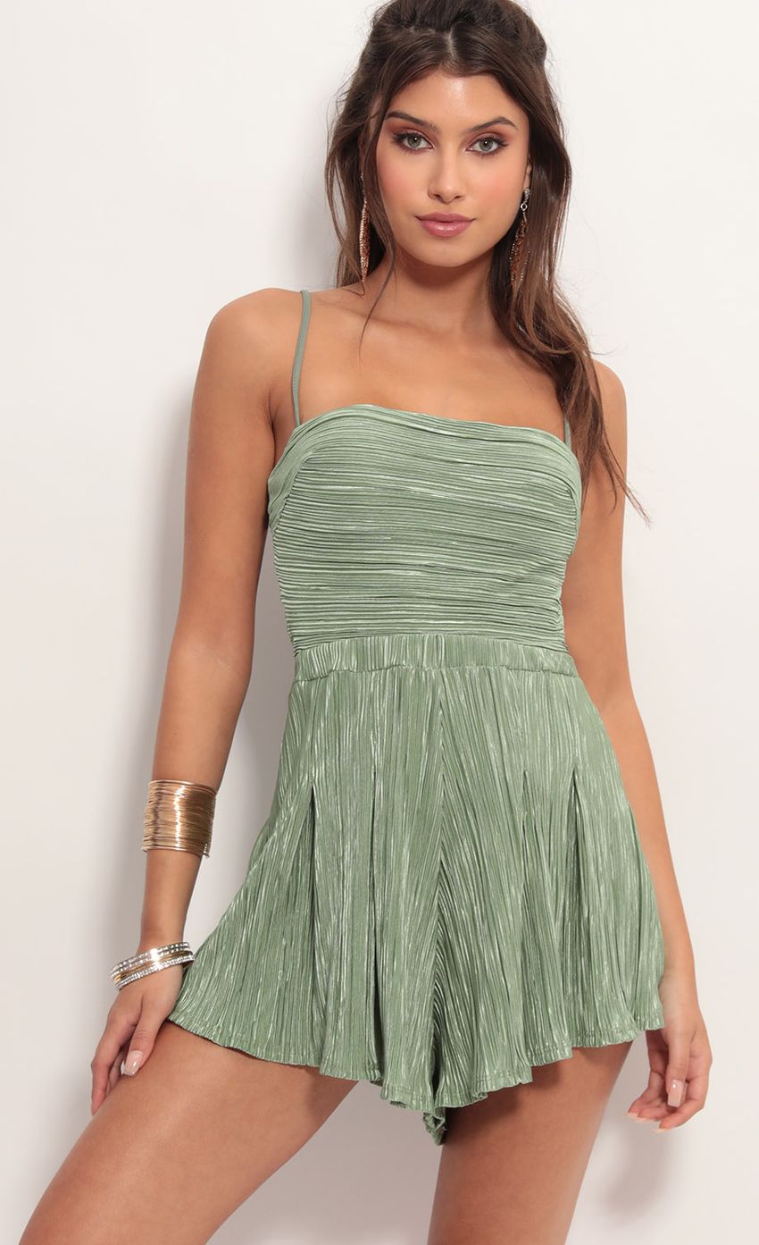 Picture Bella Pleated Satin Romper In Sage. Source: https://media-img.lucyinthesky.com/data/Jun19_1/850xAUTO/781A4790.JPG