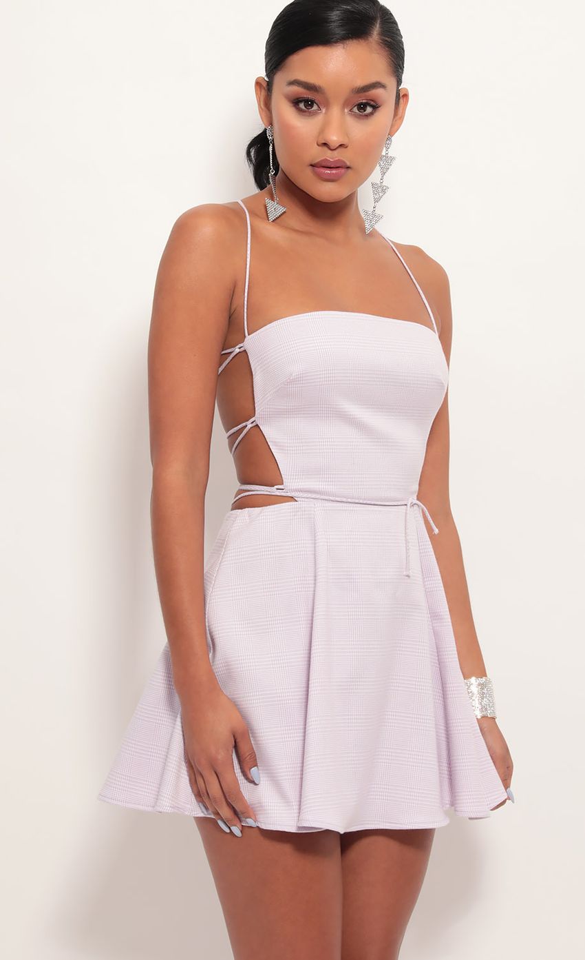 Picture Nina Cutout A-line Plaid Dress in Lilac. Source: https://media-img.lucyinthesky.com/data/Jun19_2/850xAUTO/781A5831.JPG