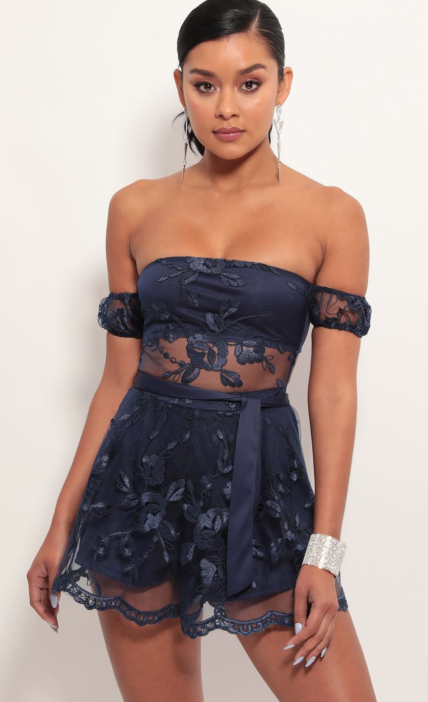 Picture Julia Scallop Lace Romper In Navy. Source: https://media-img.lucyinthesky.com/data/Jun19_2/850xAUTO/781A5877.JPG